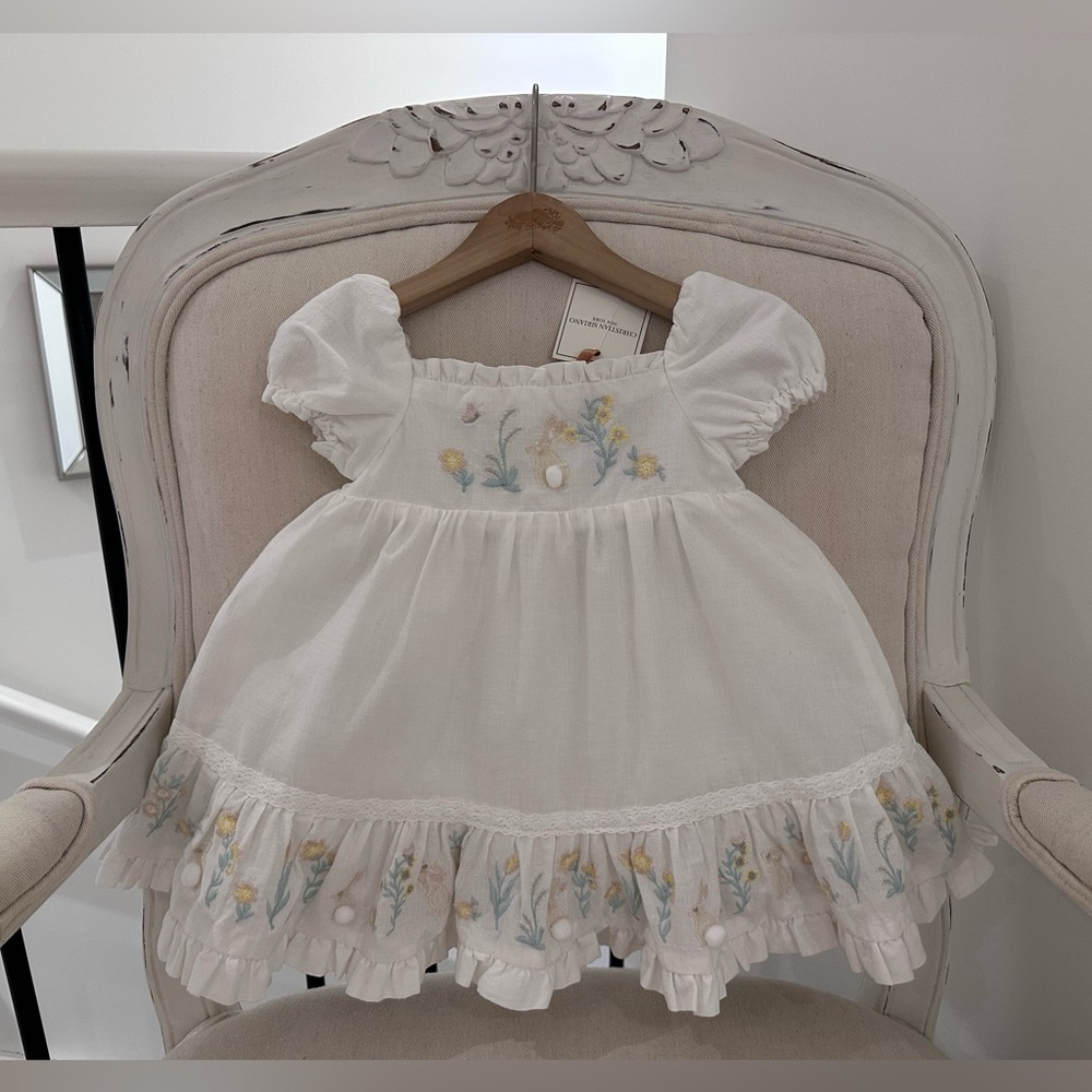 🤍 6~9 Mth White 100% Cotton Floral Embroidered Spring Bunny Baby Dress NWT